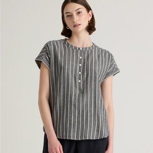 Quince 100% Organic Cotton Gauze Roll Sleeve Shirt Black / White Stripe / XL